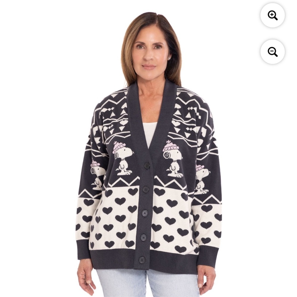 Women’s peanuts measures 27 pit size xl cardigan sweater gray pink white snoopy